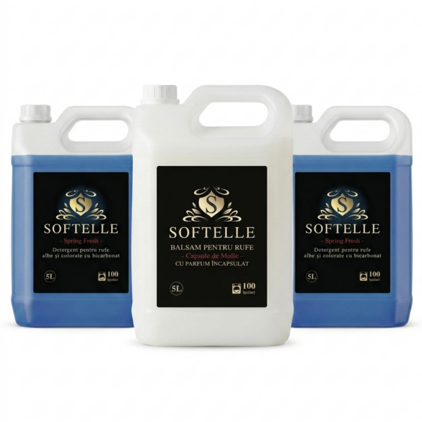 Pachet Premium 2x5L Detergent Spring Fresh + 5L Balsam de rufe – 300 spălări + 10  Lavete GRATIS