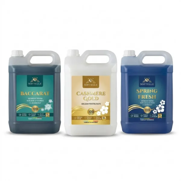SOFTELLE POWER 3 - 1 x 5L Detergent Baccarat + 1 x 5L Detergent Spring Fresh + 1 x Balsam Cashmere Gold + 10 Lavete GRATIS + 1 pahar gradat