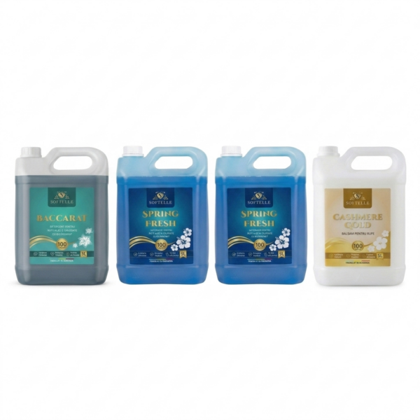 SOFTELLE POWER 4 – 2 x 5L Detergent Spring Fresh + 1 x 5L Detergent Baccarat + 1 x 5L Balsam Cashmere Gold + 10 Lavete GRATIS + pahar gradat