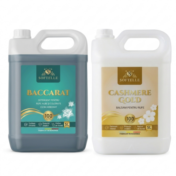 SOFTELLE POWER 2 - 5L Detergent Baccarat + 5L Balsam Cashmere Gold + 10 Lavete GRATIS + pahar gradat
