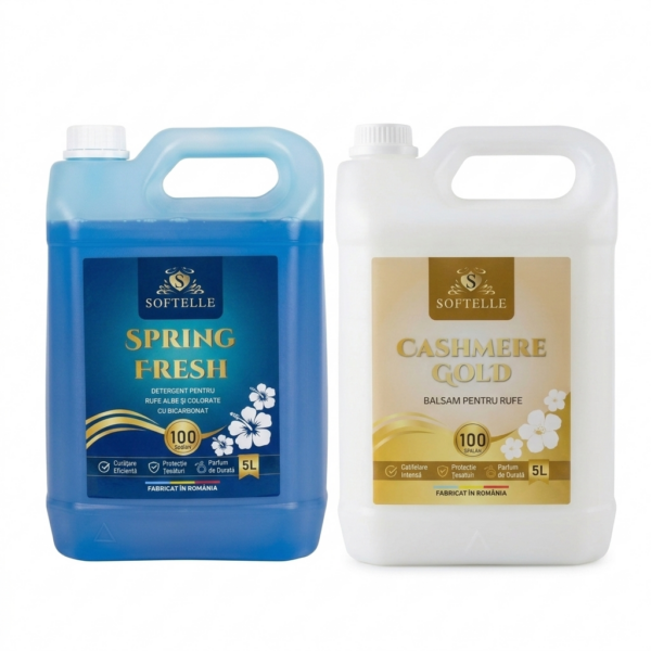 SOFTELLE POWER 2 - 5L Detergent Spring Fresh+ 5L Balsam Cashmere Gold + 10 Lavete GRATIS + pahar gradat