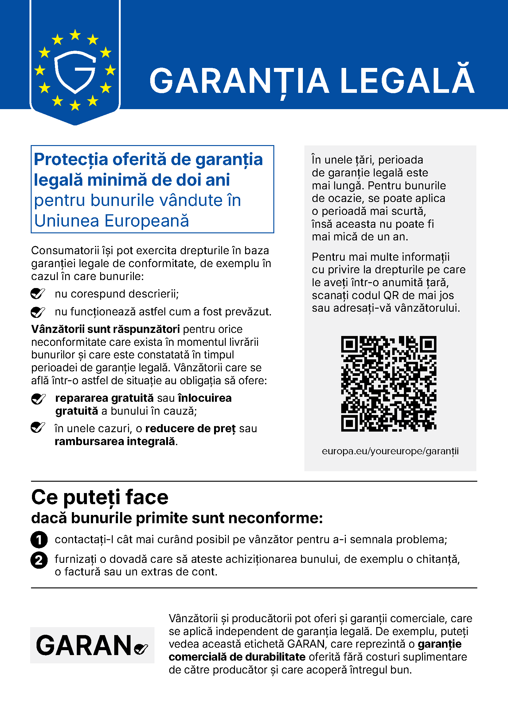 Notificarea oficială a Uniunii Europene privind garanția legală de conformitate, în limba română